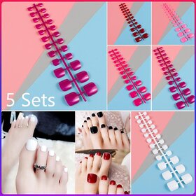 Mixed 5 Colors Fashionable Foot False Nails Fake Nails Candy Color 24 Pcs/set Models Foot Toe French Nails Art Tips (S20 5 Sets Same Color)