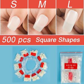 500 Pieces Transparent Natural Short Full Cover Nail Tips Square False Nails Flat Shape Acrylic Fake Nails for Diy Fingernails Salon (M 500pcs)