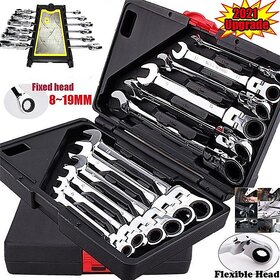 1-12Pcs/Set Ratchet Combination Quick Wrench Set Socket Nut Hand Tools With/without Box Multifunction Flexible Spanner Wrench Polished Tool 8-19mm (12PCS FIXED HEAD)