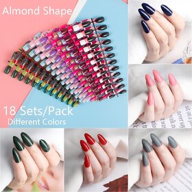 432 Pieces (18 Sets) Solid Color Short Square Round Almond Coffin False Nail Tips 18 Colors Mixed (Almond)