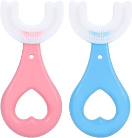 (Pack of 2) Toothbrush for Kids with U Shaped Silicone Brush Head for 360 Degree Cleaning Suitable For 2-6 Years, Manual, Heart Design, Multicolor