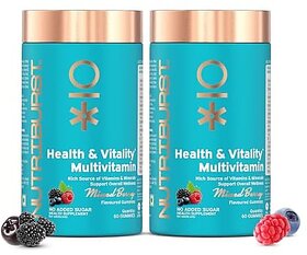 Nutriburst Health  Vitality Gummies with Multi Vitamins A B C D E  Biotin  No-Added Sugar Mixed Berry Flavor 100 Vegetarian (Pack of 2 X 60 Gummy)