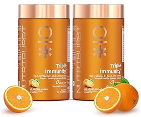 Nutriburst Triple Immunity Gummies with Vitamin C Zinc and Amla extract  No-Added Sugar  Orange Flavor  100 Vegetarian  (Pack of 2 X 60 Gummy)