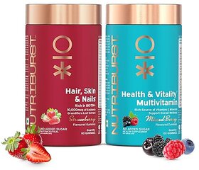 Nutriburst Super Biotin Combo  Hair Skin  Nails Gummies  Health  Vitality Multivitamin Gummies  Hair Strength Skin Glow Nail Growth  Daily Nutrition  Immunity  (Pack of 2X60)