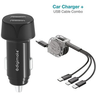                       Combo of 3 in 1 Cable, Type C, Micro, Lightning 8 Pin (iPhone) With 2.4A  Turbo Car Charger With Dual USB Slot (Black)                                              