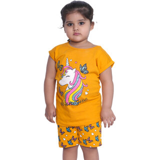 Kid Kupboard Cotton Girls T-Shirt and Short Set, Yellow, Half-Sleeves, 5-6 Years KIDS6797