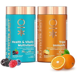 Nutriburst Daily Immunity Combo Health Vitality Multivitamin Gummies Triple Immunity Gummies Daily Wellness Energy With Vitamins Zinc and Amla extract No Added Sugar (Pack of 2X60) Nutriburst Daily Immunity Combo Health Vitality Multivitamin Gummies Triple Immunity Gummies Daily Wellness Energy With Vitamins Zinc and Amla extract No Added Sugar (Pack of 2X60)