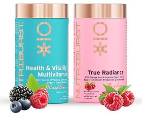 Nutriburst Daily Beauty Combo  Health  Vitality Multivitamin Gummies and True Radiance Collagen Builder Gummies  Glowing Radiant Clear Skin  Biotin Nutrition (Pack of 2 X 60)