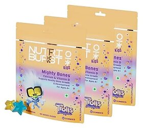 Nutriburst Mighty Bones Trolls Kids Gummies - Calcium  Vit D for Strong Bones  Immune Support - Sugar-Free Gluten-Free Mixed Fruit Flavor Chewable Vegan - For Kids Aged 4+ 3 Packs (10 N Each)