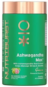Nutriburst Ashwagandha Max 500mg Gummies for Stress and Anxiety Relief  Vigour Energy Power  Stamina  Relax Refresh Mind  Body  Guava Flavor Gummies No added sugar 60 Gummy