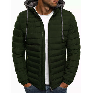 Clothster Green Mock Collar Fluffy Cap Puffer Jacket For Mens Clothster Green Mock Collar Fluffy Cap Puffer Jacket For Mens