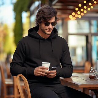                       Fashlook Mens Black Solid Hooded Full Sleeve Sweatshirt                                              