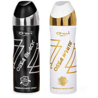                       Ossa Black Body Spray 200ml And Ossa White BodySpray 200ml Combo of Deodorant For Men And Women (Pack of 2)                                              