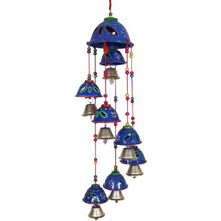                       Plastic Rajasthani Design Handcrafted Hanging Windchimes|Latkan with 8 Bells for Home Dcor & Positive Energy (Blue)                                              