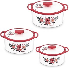 Trueware Floraa Inner Steel Outer Plastic 600 ML,800 ML  1100 ML Thermoware Casserole Pack of 3 Thermoware Casserole (600 ml, 800 ml, 1100 ml)