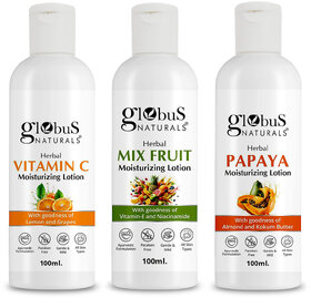 Globus Naturals Body Lotion Combo Set of 3 Vitamin C  Mix Fruit Papaya Body Lotion For NonGreasy Lightweight Body Moisturizer for Women  Men  All Skin Types