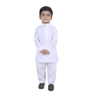                       Kid Kupboard Cotton Baby Girls Kurta and Pyjama Set, White, Full-Sleeves, 3-4 Years KIDS6829                                              