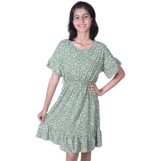                       Kid Kupboard Cotton Girls A-Line Frock, Light Green, Half-Sleeves, 12-13 Years KIDS6879                                              