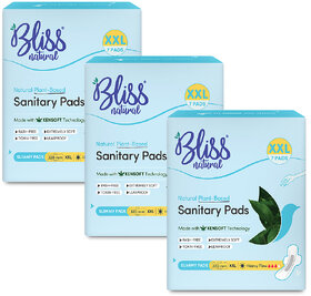 BLISSNATURAL Ultra Thin XXL Sanitary Pads for Women (21 Pads) Heavy Flow 100 Rash Free Natural Plant Based Set of 3