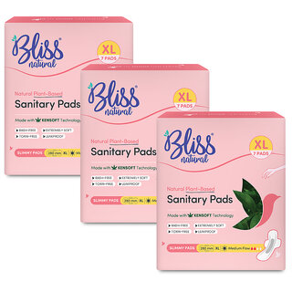 BLISSNATURAL Ultra Thin Sanitary Pads for Women XL (21 Pads) Medium Flow 100 Rash-Free Unscented Combo Pack of 3 BLISSNATURAL Ultra Thin Sanitary Pads for Women XL (21 Pads) Medium Flow 100 Rash-Free Unscented Combo Pack of 3