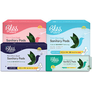 BLISSNATURAL Sanitary Pads 6L+ 6XL+ 6XXL+ 6XXXL (24 Pads) Light to Heavy Flow Day  Night  Natural Plant-Based Set of 4