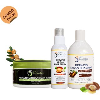                       COCOBEE Keratin  Argan Hair Care Set - Hair Shampoo 200ml  Hair Serum 100ml  Hair Mask 200g   Shiny  Healthy Hair                                              