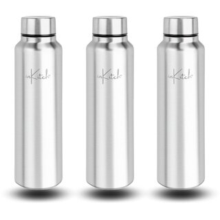                       inKitch Stainless Steel Water Bottle, 1000 ml, Silver  Leak Proof  Single Walled Office Bottle Set of 3                                              