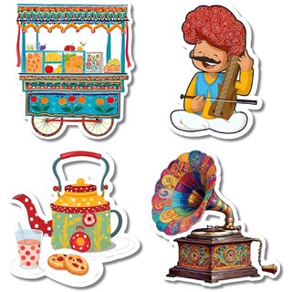                       MyBuddy Fridge Magnet Set of 4, Indian Cultural Themed Resin Magnets, Funny Caricature Design - Door Decoration                                              