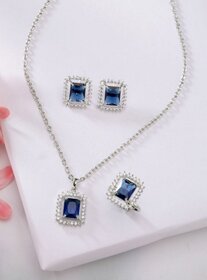 Stunning Blue Stone Pendant Set Ring/Earrings with American Diamond Halo Sterling Silver Sapphire Stone Pendant Set