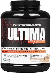 Reformulate I Ultima I Whey Protein with Isolate I 23 G Protein I 5.1G BCAA I 10.8 EAA I  Pre  Probiotics I Enhances Recovery I Faster Absorption I Nutraceutical I Malai I Serving 60 I 2 KG