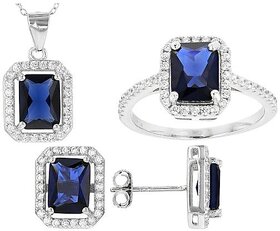 Stunning Blue Stone Pendant Set Ring/Earrings with American Diamond Halo