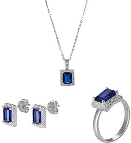 Stunning Blue Stone Pendant Set Ring/Earrings with American Diamond Halo Sterling Silver Sapphire Stone Pendant Set