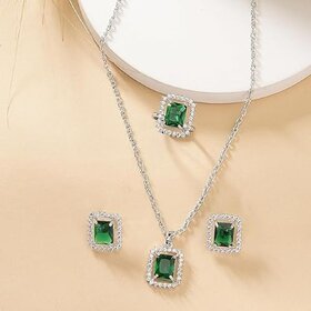 Pendant Set Stunning Emerald-Green Stone with American Diamonds / Earrings and Ring set