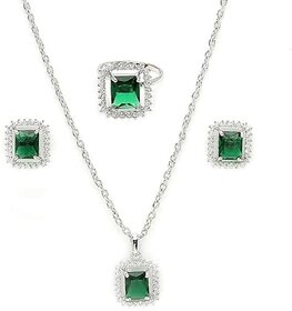 Pendant Set Stunning Emerald-Green Stone with American Diamonds / Earrings and Ring set