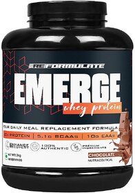 Reformulate I Emerge I Whey Protein I Your Daily Meal Replacement Formula I 20 G I Protein I 5.1 G Bcaa's I 10 G Eaa's I Enhance Recovery I 100 Authentic I Premium Ingredients I 60 Servings I Nutraceutical I Chocolate I 2 KG