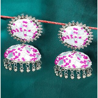                       Jhumka Earrings set Charming Pink-White Beaded Mirror Splendor                                              