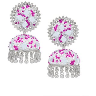                       Jhumka Earrings set Charming Pink-White Beaded Mirror Splendor                                              
