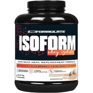 Reformulate I Isoform I  Whey Isolate I Your Daily Meal Replacement Formula I 27G Protein  6.1G BCAA  12.9G EAA  O g Sugar I Enhance Recovery I 100 Authentic I Premium Ingredients I Nutraceutical I Serving 60 I Malai Kulfi I 2 KG