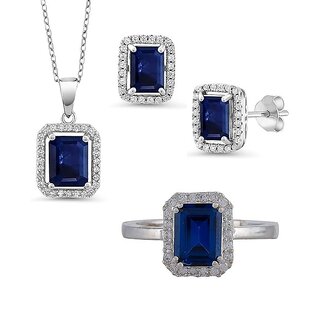Stunning Blue Stone Pendant Set Ring/Earrings with Pendant American Diamond Halo Stunning Blue Stone Pendant Set Ring/Earrings with Pendant American Diamond Halo