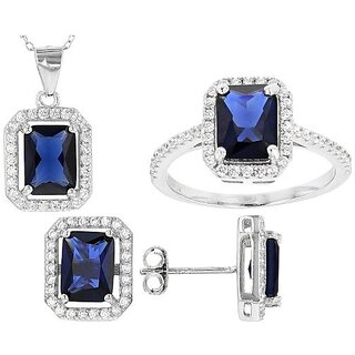 Stunning Blue Stone Pendant Set Ring/Earrings with American Diamond Halo Stunning Blue Stone Pendant Set Ring/Earrings with American Diamond Halo