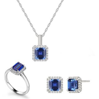 Stunning Blue Stone Pendant Set Ring/Earrings with American Diamond Halo