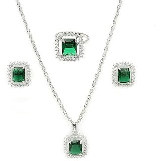                       Pendant Set Stunning Emerald-Green Stone with American Diamonds / Earrings and Ring set                                              