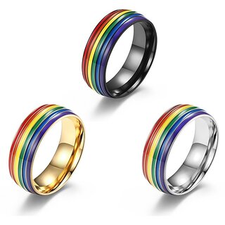                       3 Colors Rainbow ium Steel Ring Men/Women Wedding Band Gay Lesbian Pride LGBT Size 7-12                                              