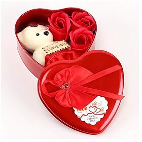 Electro Cloud Combo of 3 Artificial Rose and Teddy Bear in Heart Shape Metal Gift Box Valentine Gifts (Red Colour) (45fg)