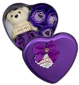 Electro Cloud Combo of 3 Artificial Rose and Teddy Bear in Heart Shape Metal Gift Box  Valentine Gifts (Purple Colour)