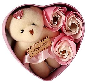 Electro Cloud Combo of 3 Artificial Rose and Teddy Bear in Heart Shape Metal Gift Box  Valentine Gifts (Light Pink Colour)