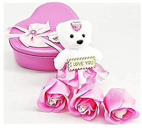 Electro Cloud Combo of 3 Artificial Rose and Teddy Bear in Heart Shape Metal Gift Box  Valentine Gifts (Pink Colour)