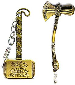 Electro Cloud Marvel Avengers Infinity War Thor Axe-Hammer and Mjolnir- Hammer Stormbreaker Silver Metal Keychain and Keyring (Pack of 2) for Bikes Cars Bags Home Cycle (gold)