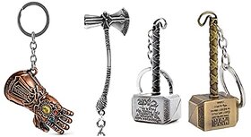 Electro Cloud Thanos Gauntlet Key Chain Metal Keychain thor hammer silver and golden color with thor silver axe (Set of 4 key ring)