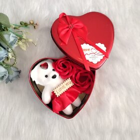 Teddy and Roses in Artificial Heart Shaped Tin Box Valentine Gift Box Set with White Teddy and Red Flowers Valentine Day